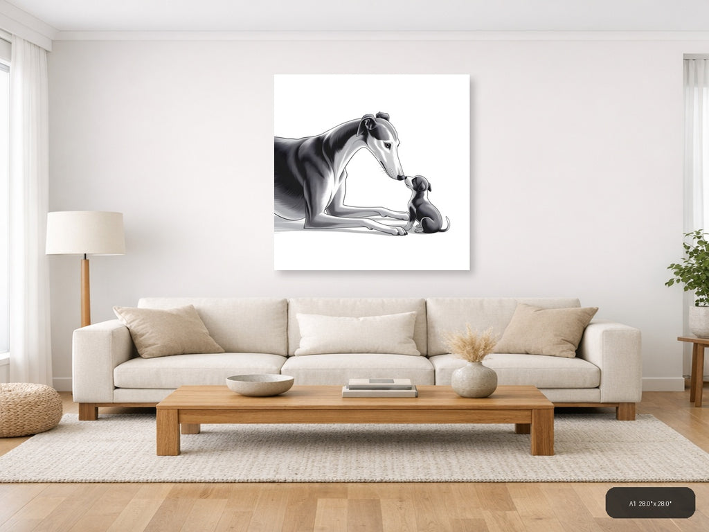 Large Dog and Puppy Minimalist Black White Wall Art — A1 / Living Room