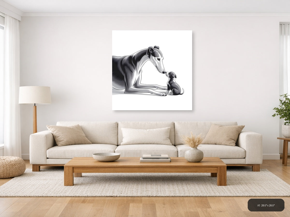Large Dog and Puppy Minimalist Black White Wall Art — A1 / Living Room