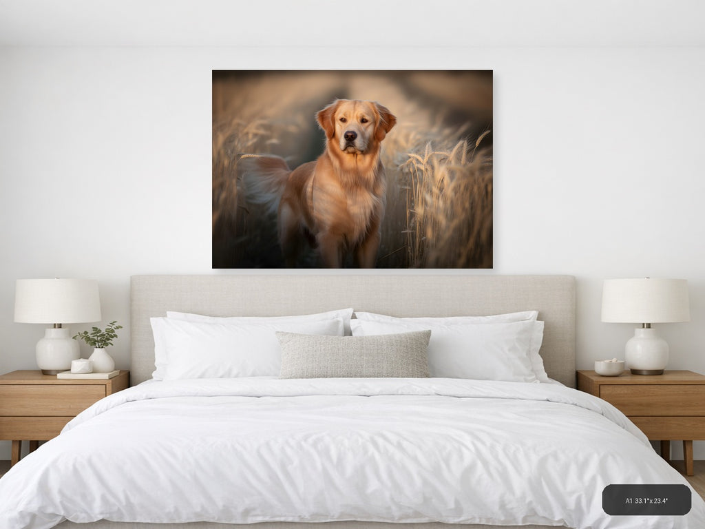 Golden Retriever in Wheat Field Photography Wall Art — A1 / Bedroom