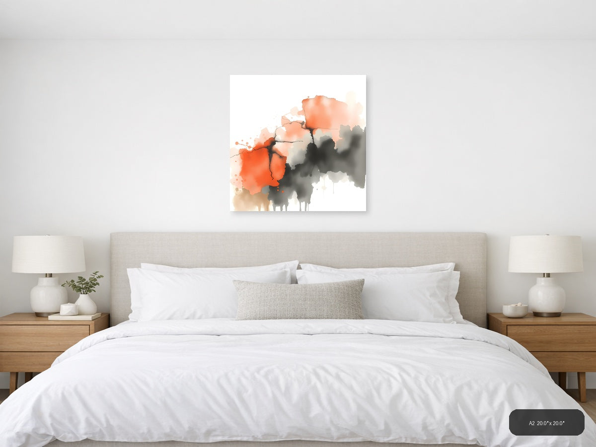 Abstract Watercolor Map with Orange and Gray Wall Art — A2 / Bedroom