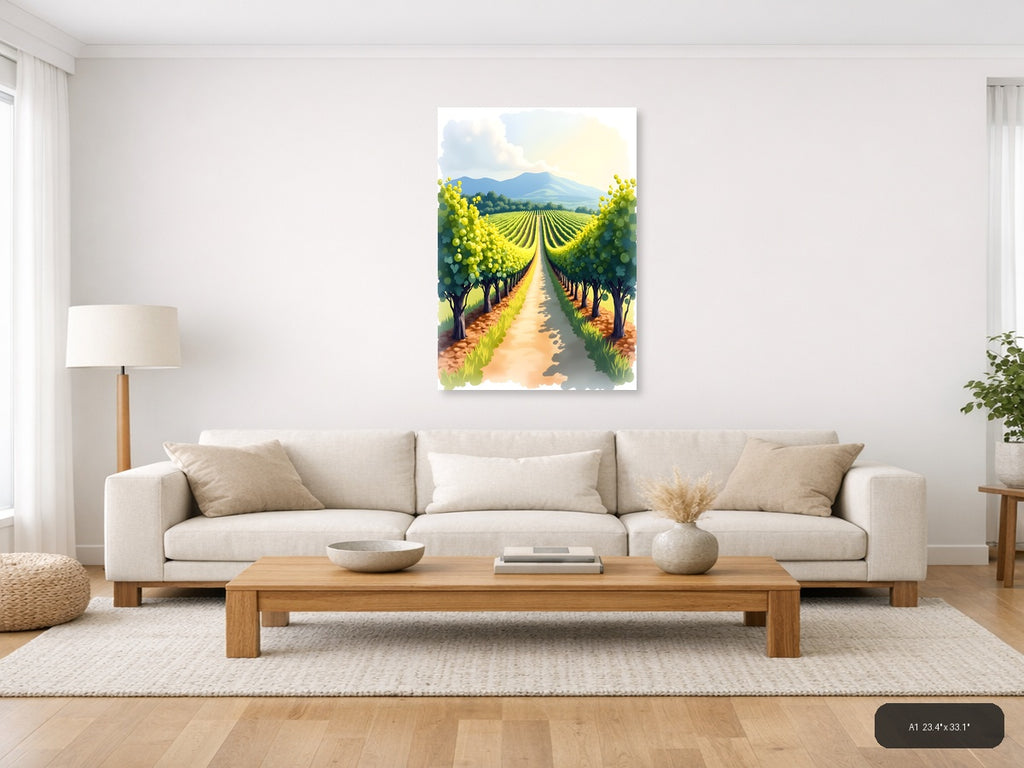 Vineyard Mountain Landscape Watercolor Wall Art — A1 / Living Room
