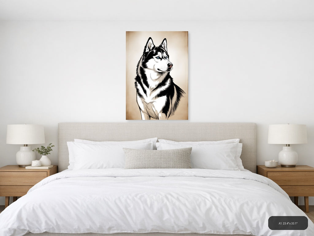 Siberian Husky Portrait Line Art Black & White Wall Art — A1 / Bedroom