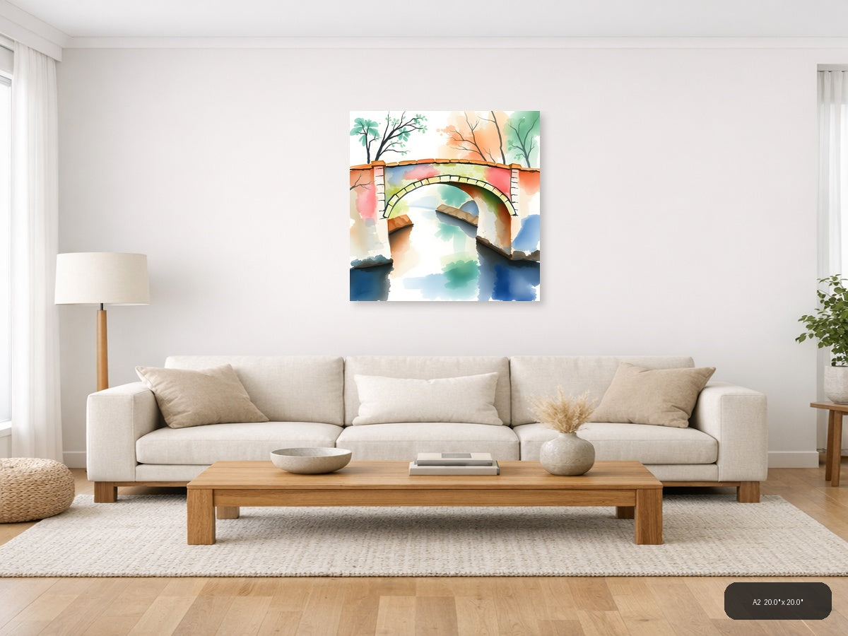 Stone Bridge Over Colorful Water Watercolor Wall Art — A2 / Living Room