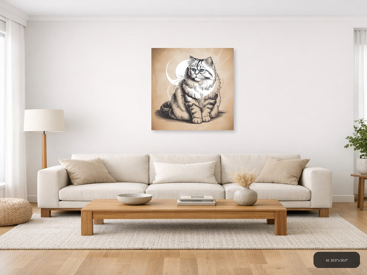 Fluffy Long-Haired Cat with Blue Eyes Line Art Wall Art — A2 / Living Room