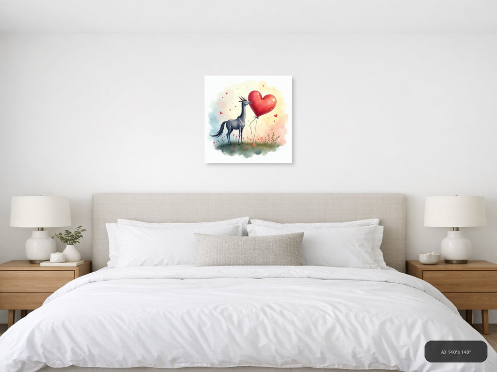 Llama with Heart Balloon Watercolor Wall Art — A3 / Bedroom