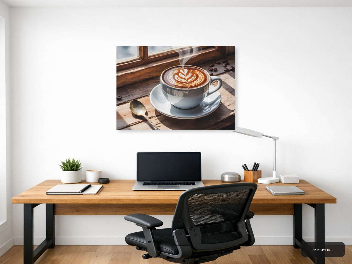 Latte Art Coffee Cup Window Watercolor Wall Art — A2 / Office