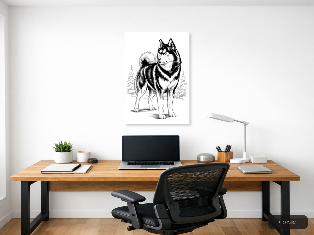Husky Portrait Line Art Drawing - Black & White Wall Art — A1 / Office