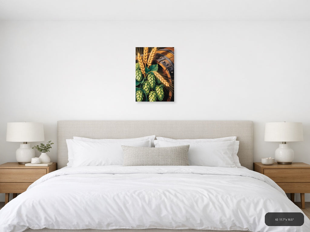 Beer Barrel & Hops Wheat Abstract Portrait Wall Art — A3 / Bedroom