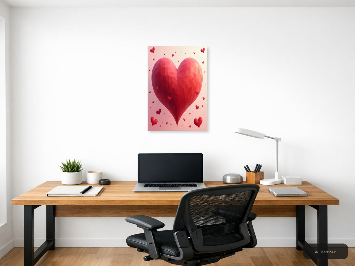 Large Red Polygonal Heart with Floating Hearts | Abstract Love Wall Art — A2 (Office)