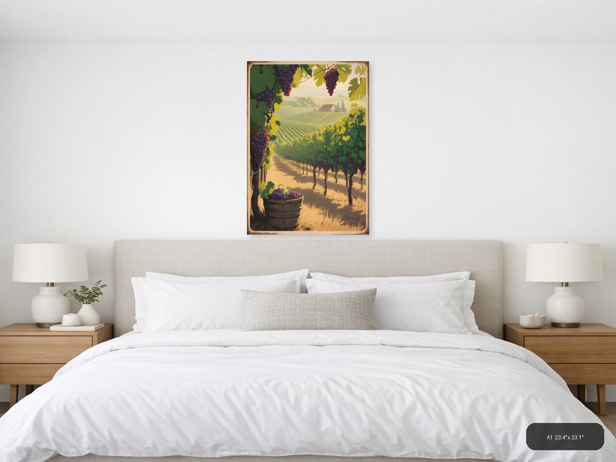 Vintage Tuscan Vineyard Landscape with Grapes Wall Art — A1 / Bedroom