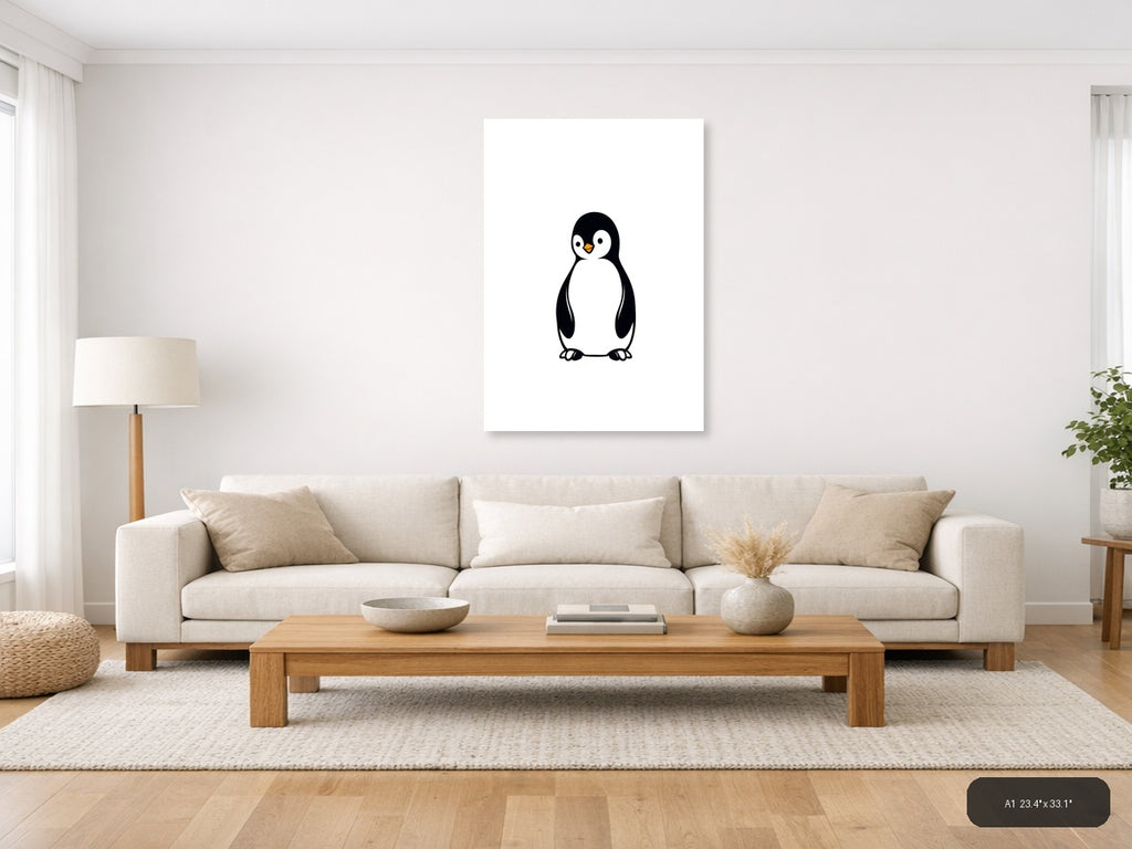Minimalist Penguin Portrait Black and White Wall Art — A1 / Living Room
