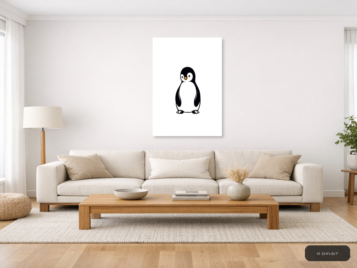 Minimalist Penguin Portrait Black and White Wall Art — A1 / Living Room