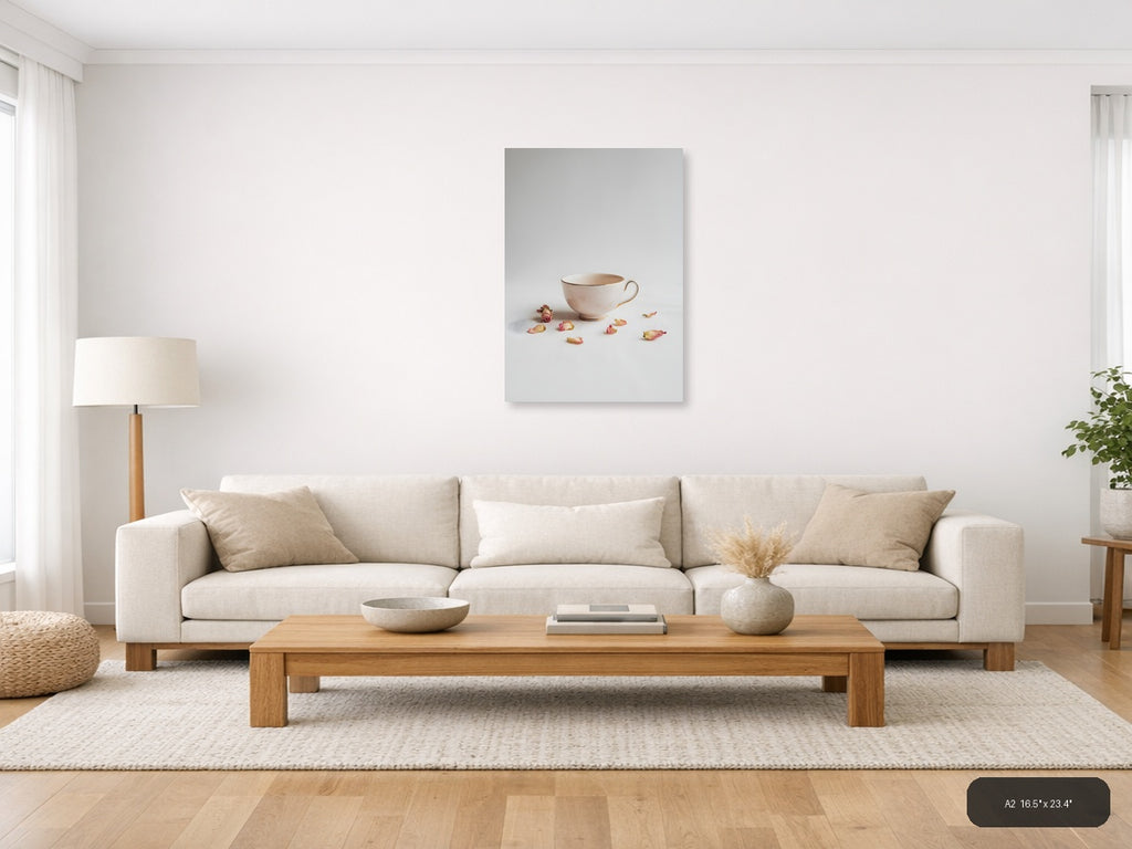 Minimalist Teacup and Rose Petals Wall Art — A2 / Living Room