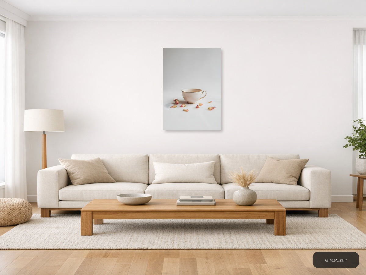 Minimalist Teacup and Rose Petals Wall Art — A2 / Living Room