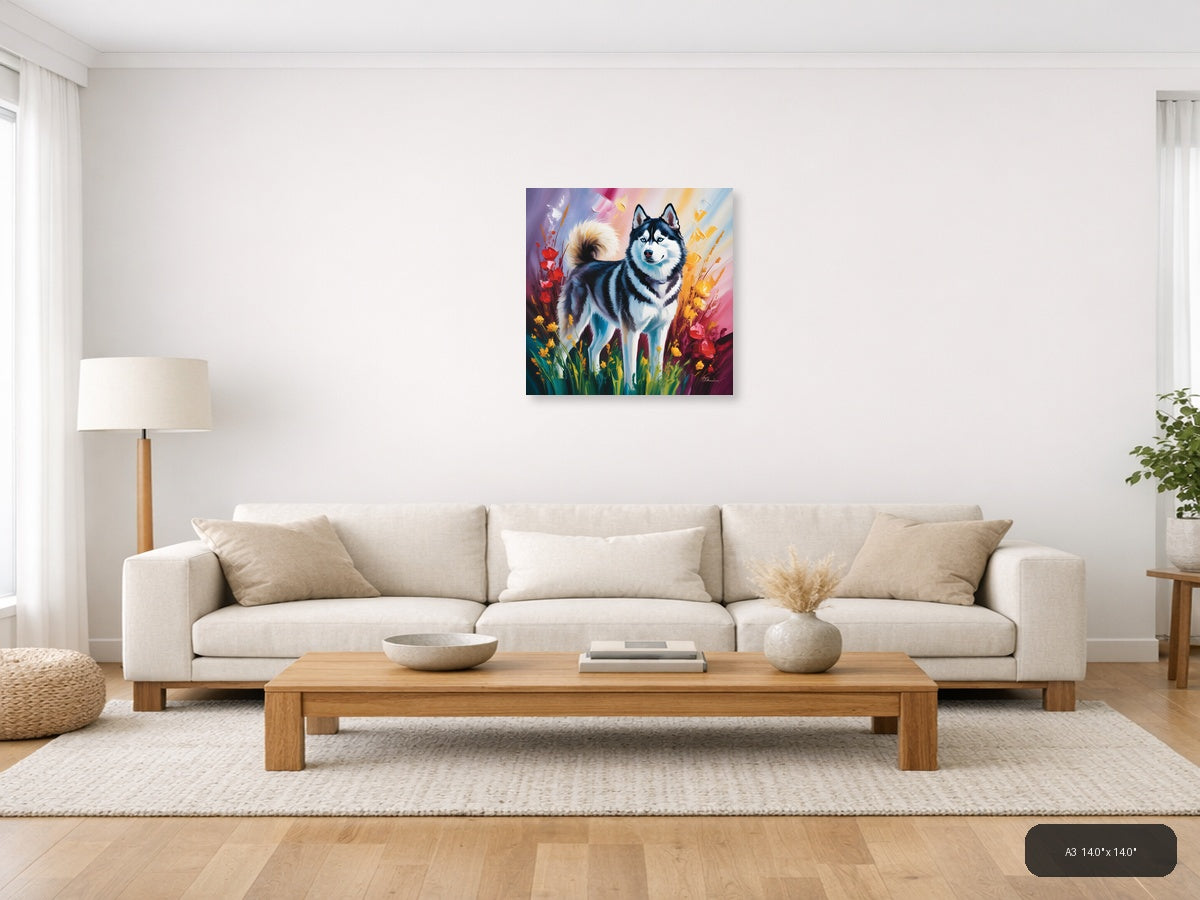 Husky Dog with Colorful Flowers Abstract Wall Art — A3 / Living Room