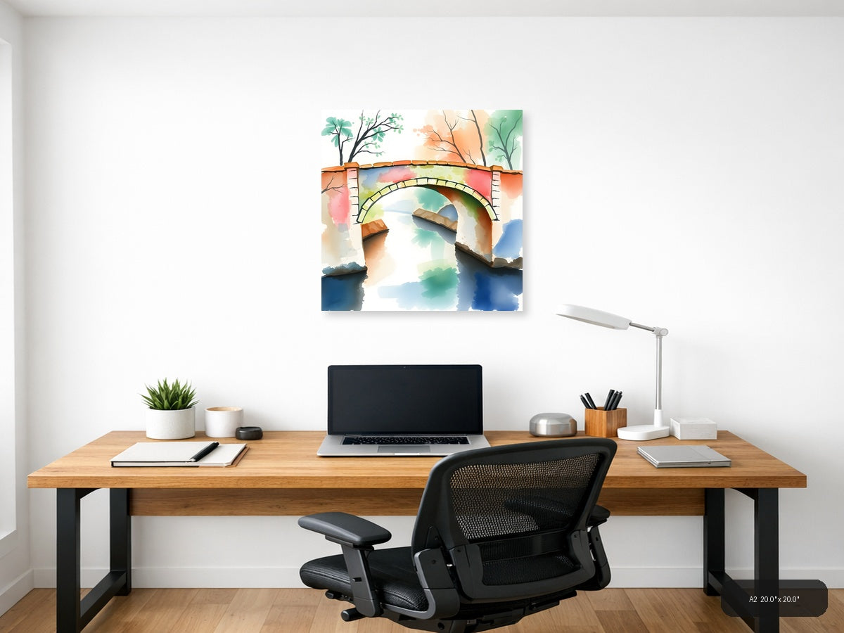 Stone Bridge Over Colorful Water Watercolor Wall Art — A2 / Office