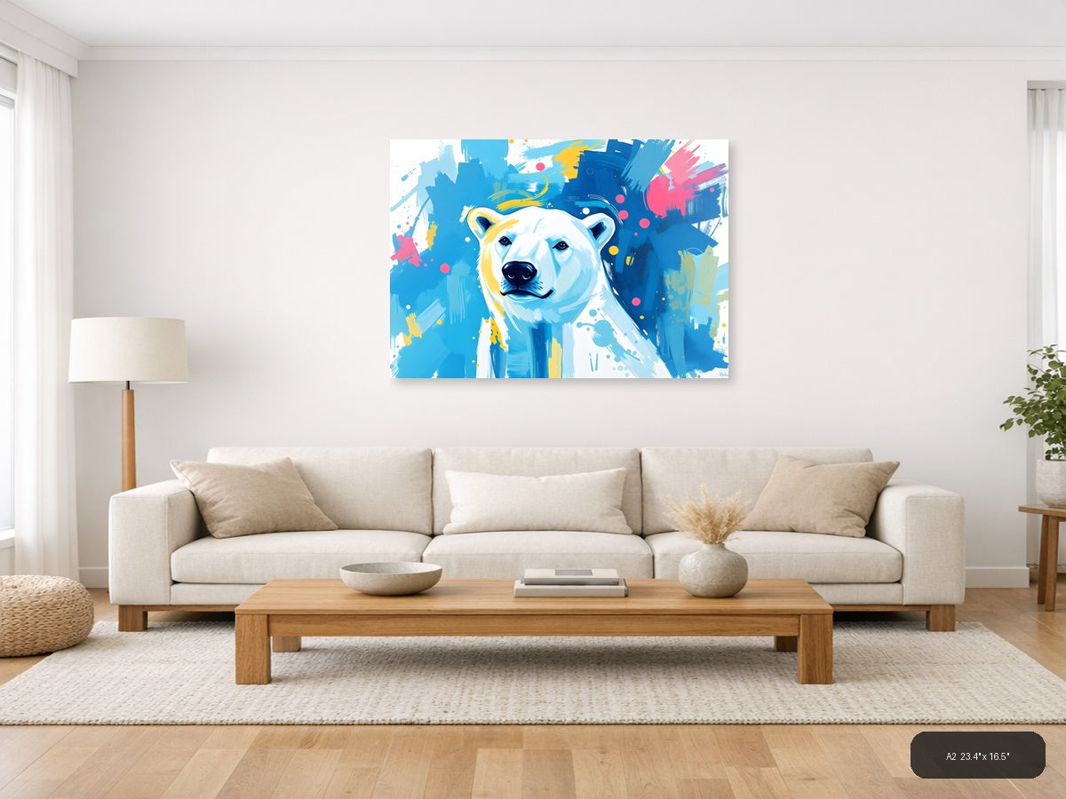 Abstract Polar Bear Portrait Blue Yellow Wall Art — A2 / Living Room