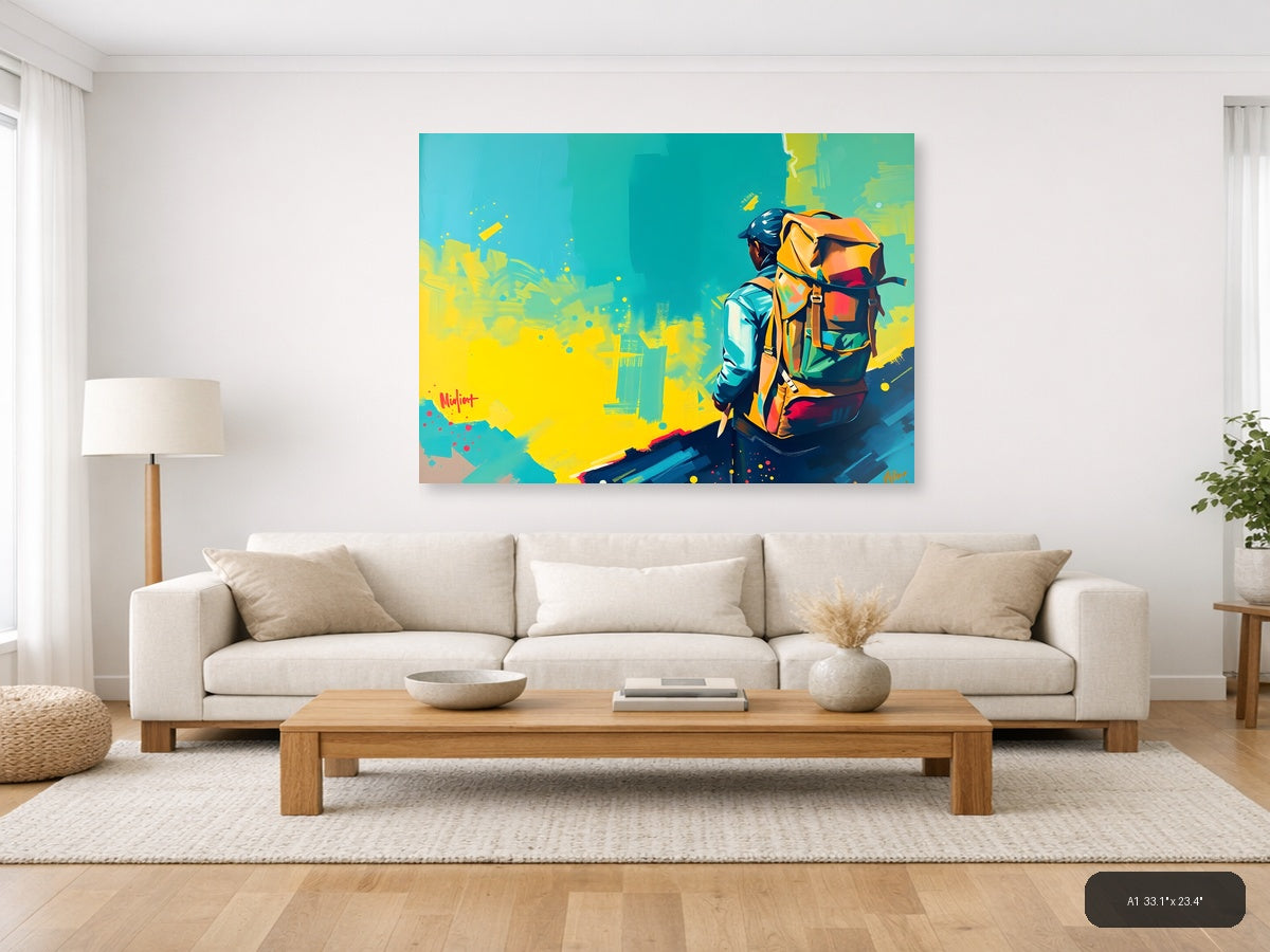 Colorful Adventurer with Backpack Abstract Wall Art — A1 / Living Room