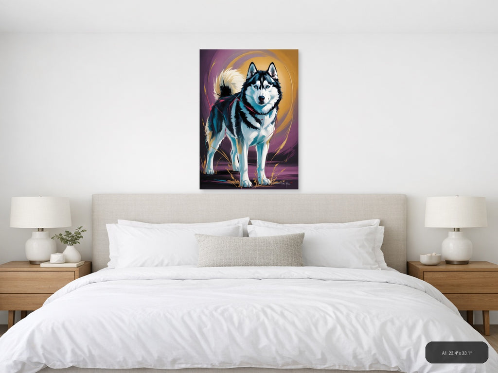 Abstract Husky Portrait with Vibrant Blue & Gold Wall Art — A1 / Bedroom