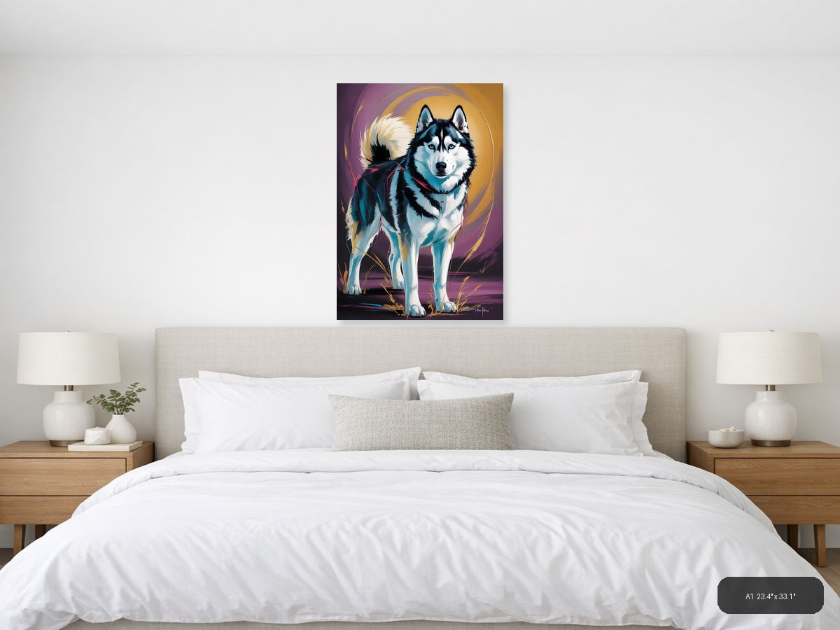 Abstract Husky Portrait with Vibrant Blue & Gold Wall Art — A1 / Bedroom