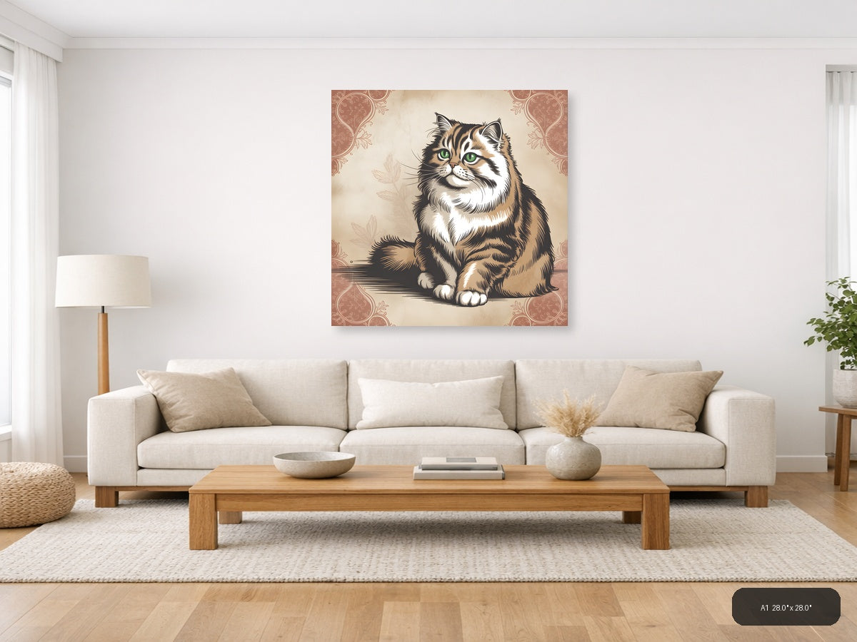 Vintage Tabby Cat with Green Eyes Square Wall Art — A1 / Living Room