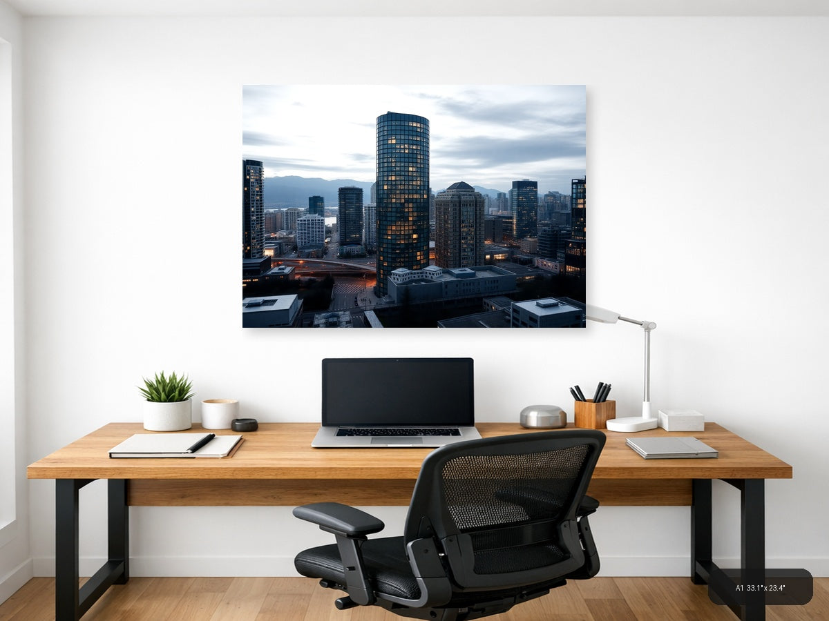 Urban Skyline at Dusk with Glowing Windows | Modern City Wall Art — A1 (Office)