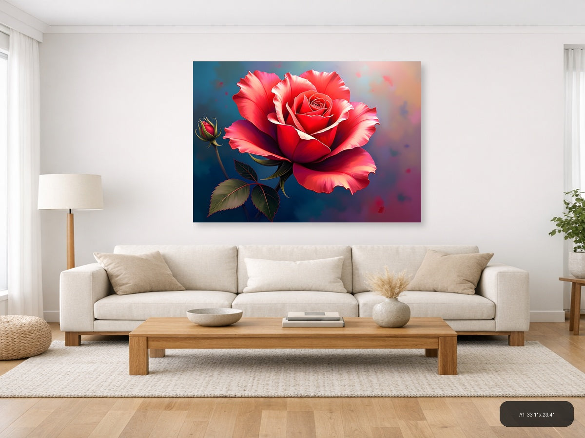 Red Rose with Bud Abstract Digital Wall Art — A1 / Living Room