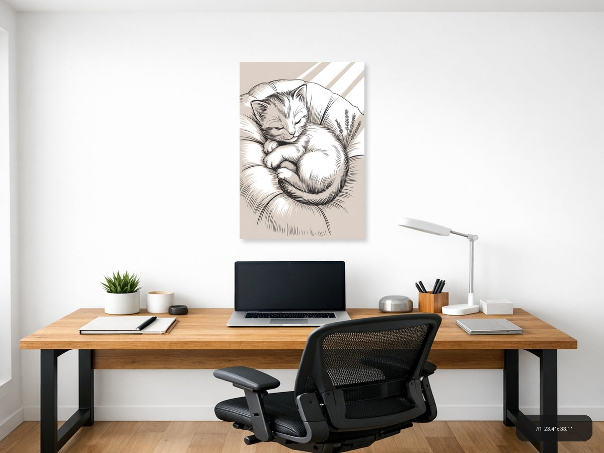 Sleeping Cat with Lavender Line Art Wall Art — A1 / Office