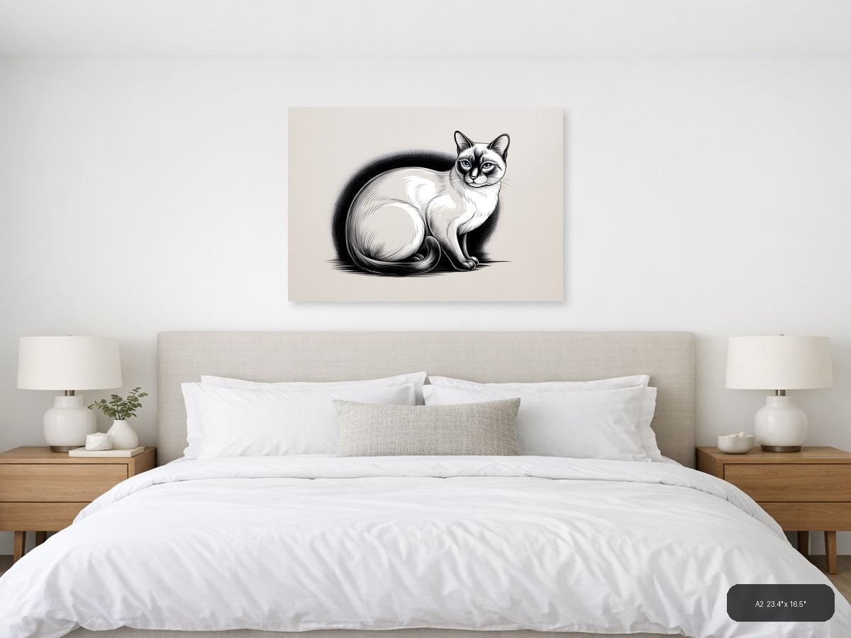 Siamese Cat with Fluffy Tail Line Art Wall Art — A2 / Bedroom