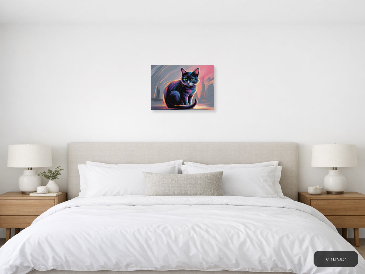 Neon Cat Abstract Glow Modern Wall Art — A4 / Bedroom