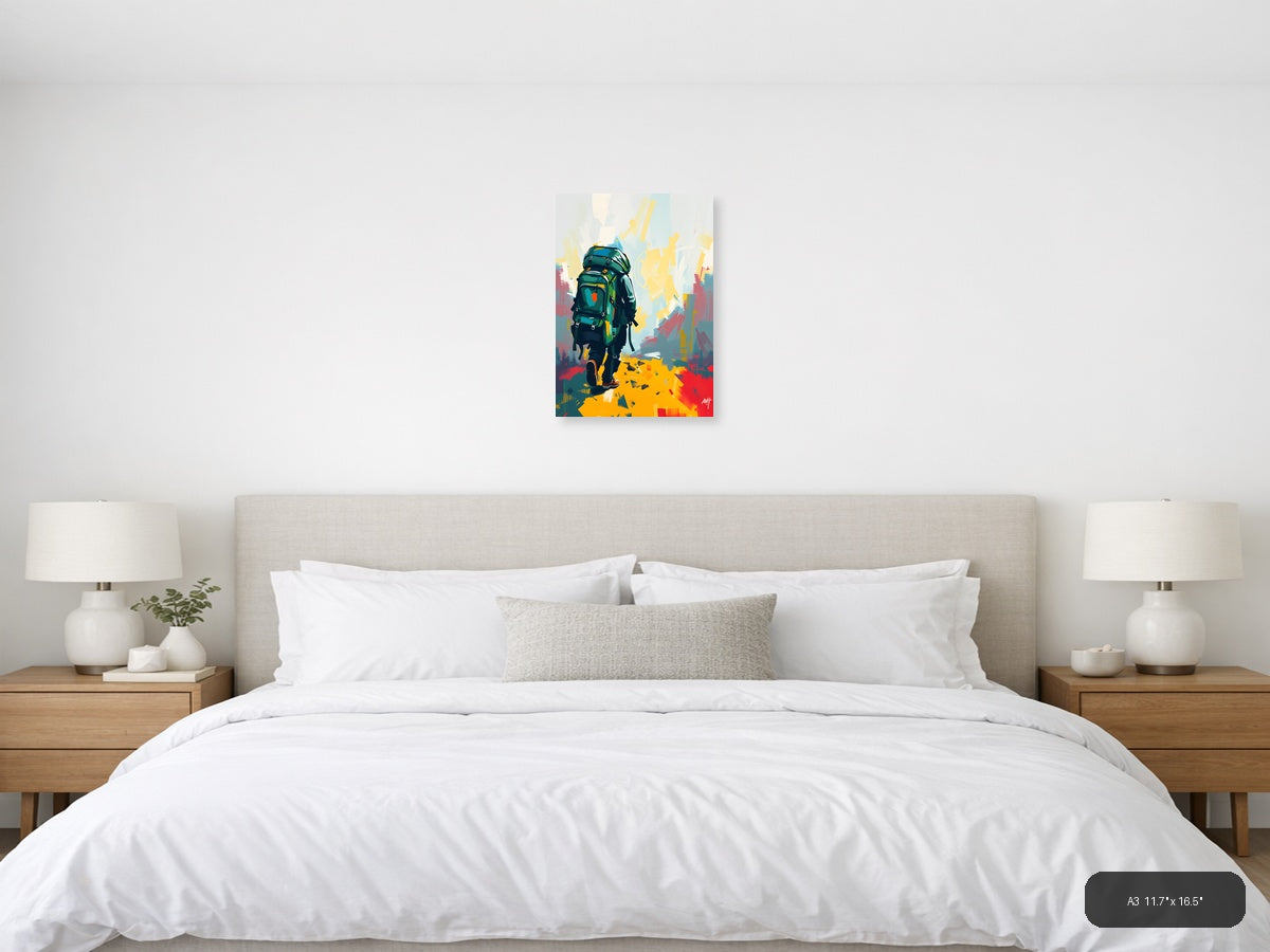 Abstract Hiker with Green Backpack Portrait Wall Art — A3 / Bedroom