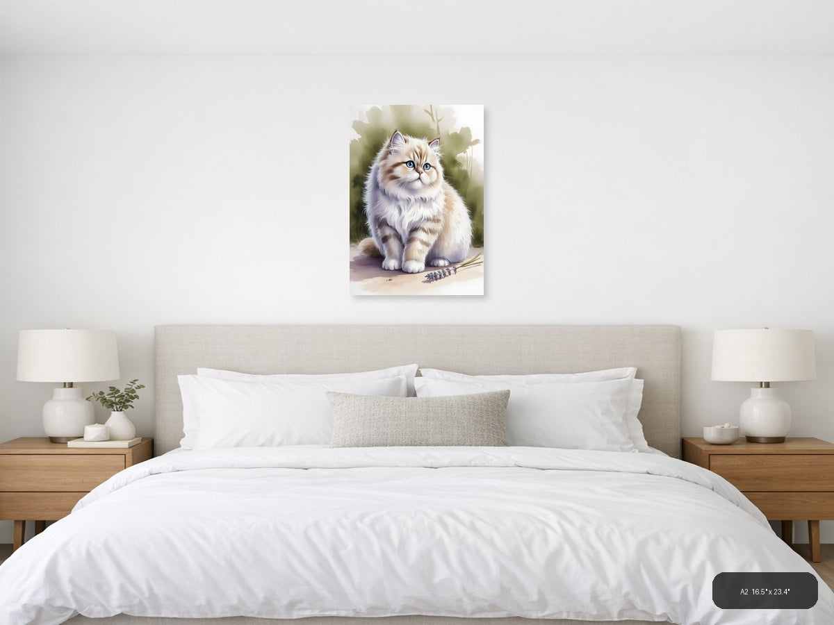 Fluffy White Cat Blue Eyes Watercolor Portrait Wall Art — A2 / Bedroom