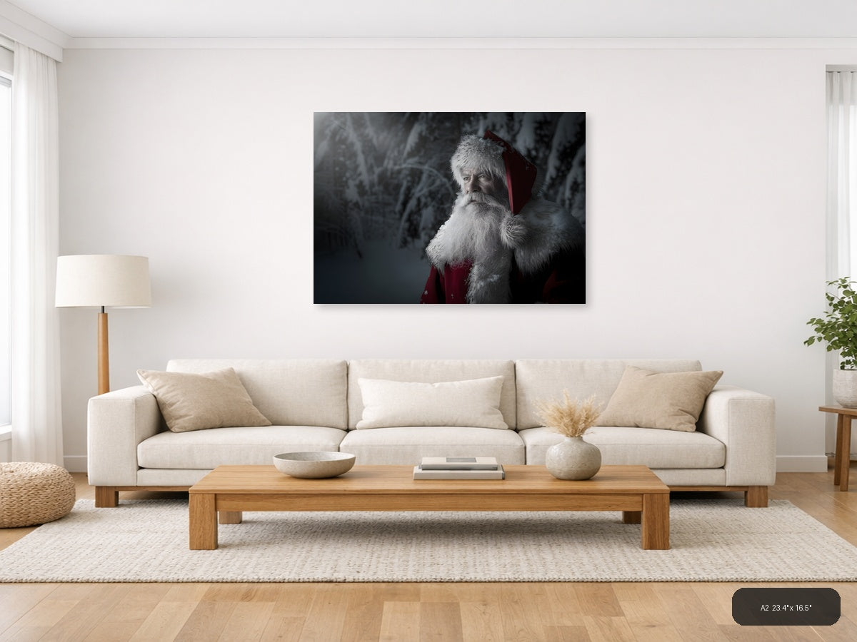 Santa in Snowy Forest Portrait Photography Wall Art — A2 / Living Room