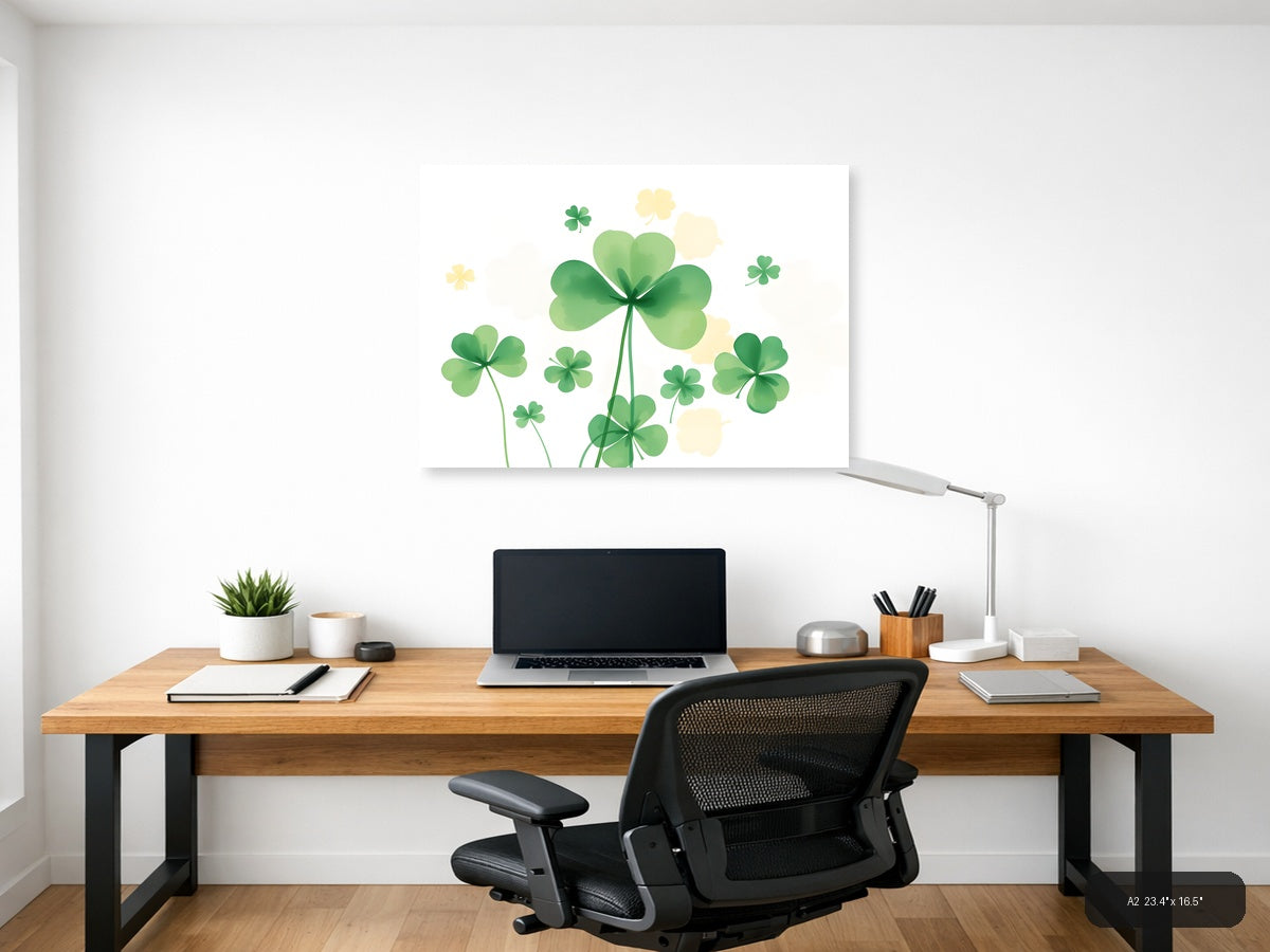 Lucky Four Leaf Clovers Watercolor Botanical Wall Art — A2 / Office