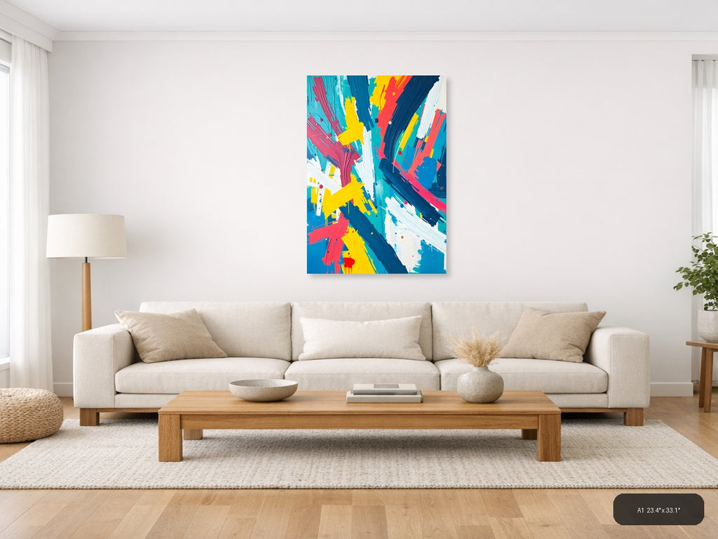 Vibrant Abstract Brush Strokes in Blue, Yellow & Red Wall Art — A1 / Living Room