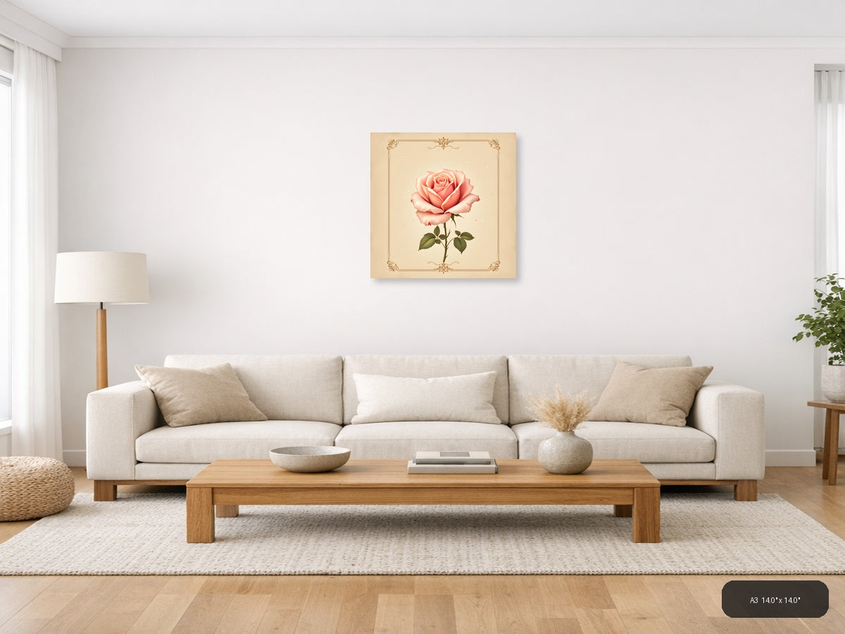 Vintage Coral Rose Botanical Illustration Wall Art — A3 / Living Room