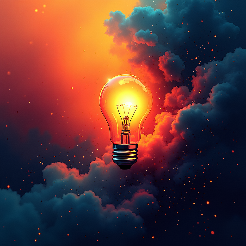 Glowing Lightbulb in Fiery Clouds | Abstract Canvas Print Wall Art