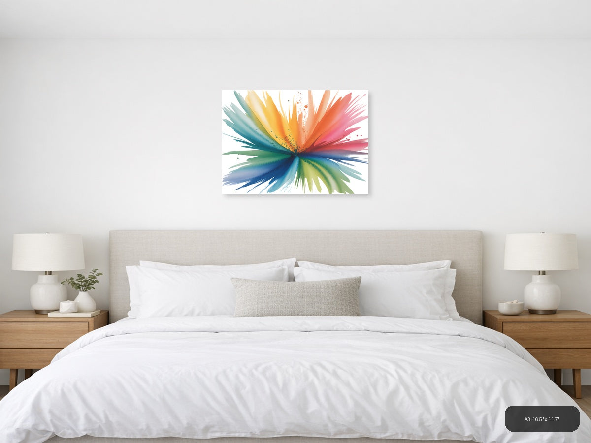 Rainbow Watercolor Burst Abstract Splash Wall Art — A3 / Bedroom
