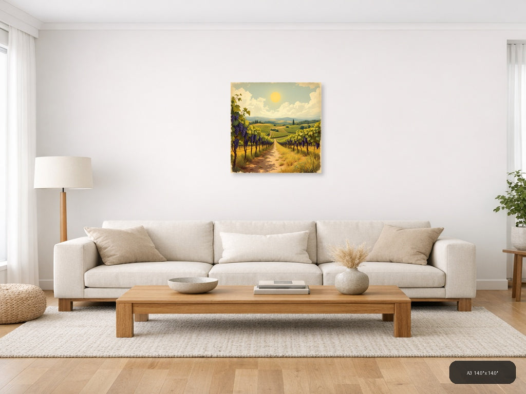 Vintage Tuscan Vineyard Landscape with Purple Grapes Wall Art — A3 / Living Room
