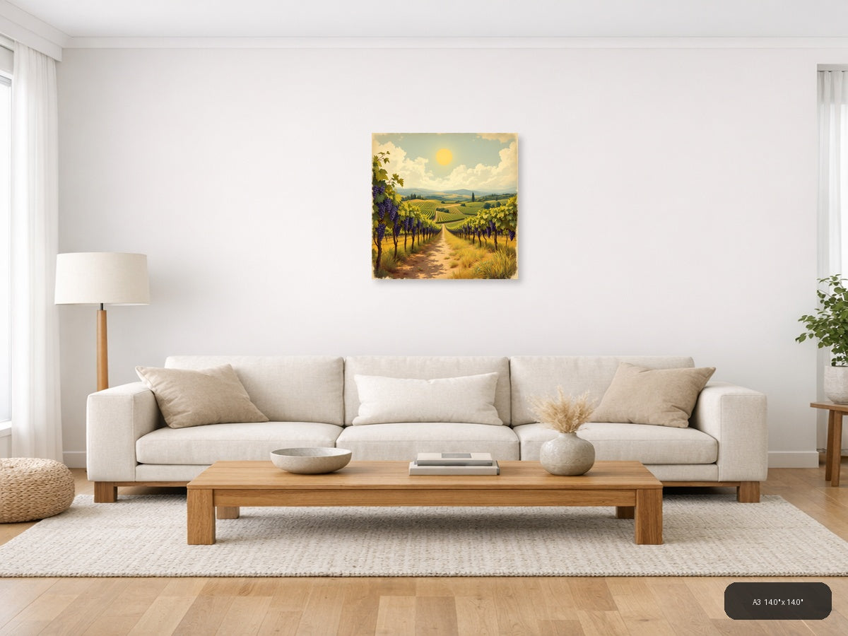 Vintage Tuscan Vineyard Landscape with Purple Grapes Wall Art — A3 / Living Room