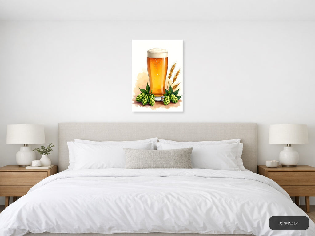 Beer Glass with Hops and Wheat Watercolor Wall Art — A2 / Bedroom