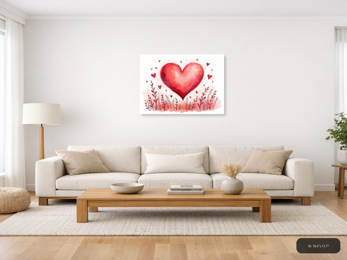 Red Watercolor Heart with Floral Field Wall Art — A3 / Living Room