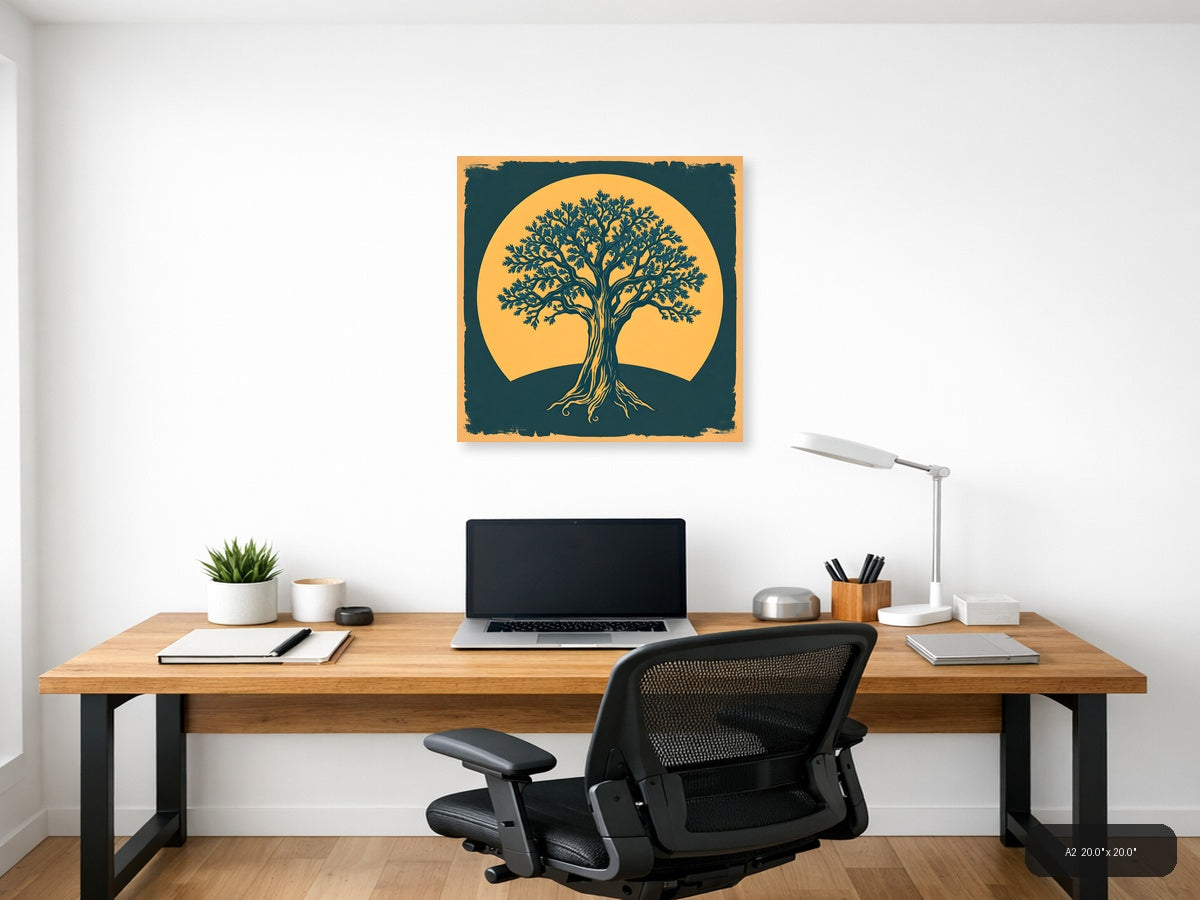 Vintage Tree of Life Against Golden Sun Wall Art — A2 / Office