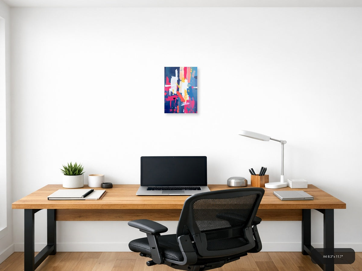 Vibrant Abstract Paint Splatter Blue Pink Yellow Wall Art — A4 / Office