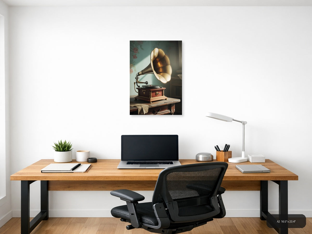 Vintage Gramophone with Brass Horn Wall Art — A2 / Office
