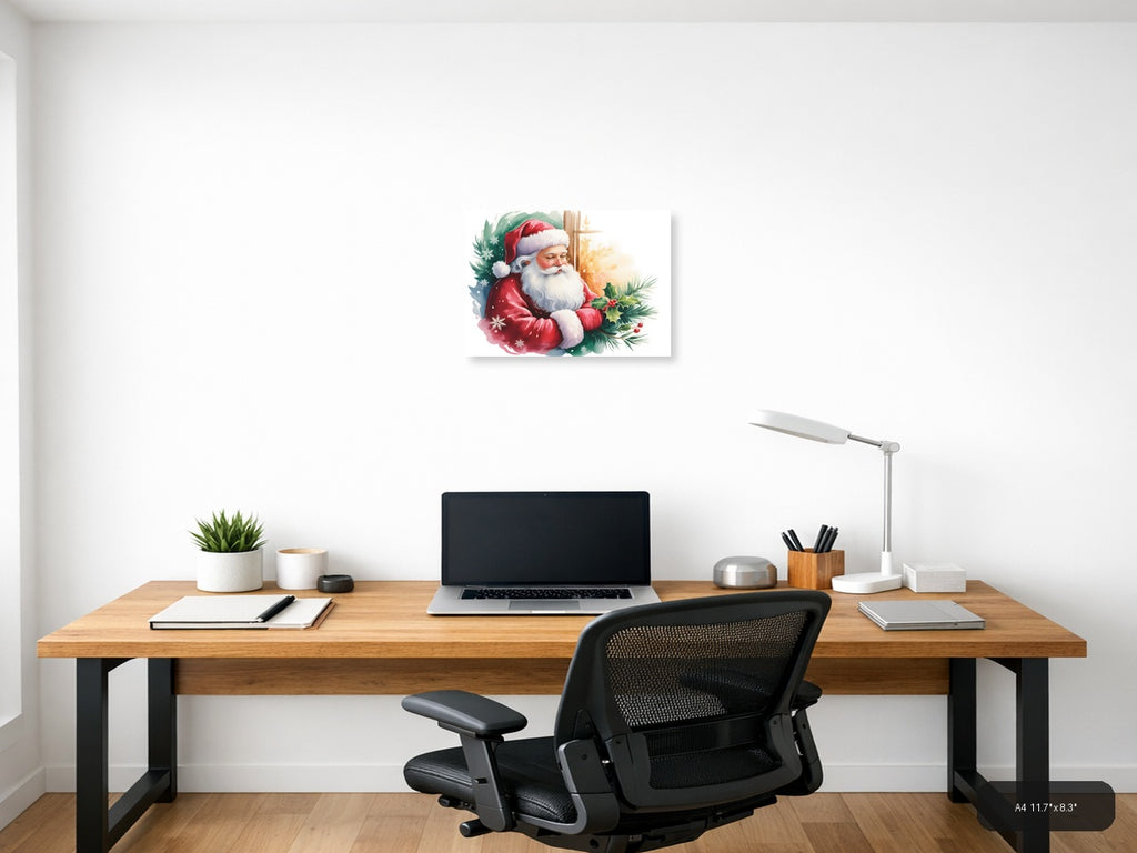 Santa Claus with Holly & Snowflakes Watercolor Wall Art — A4 / Office