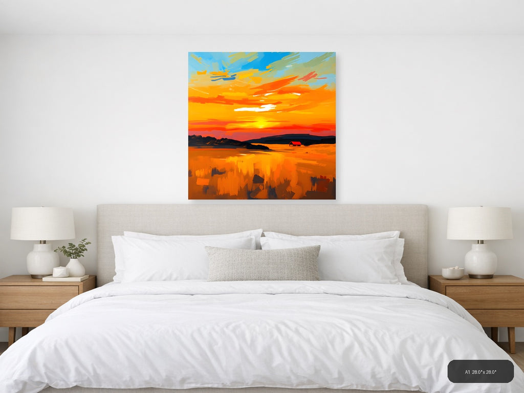 Abstract Sunset Landscape with Red Barn Wall Art — A1 / Bedroom