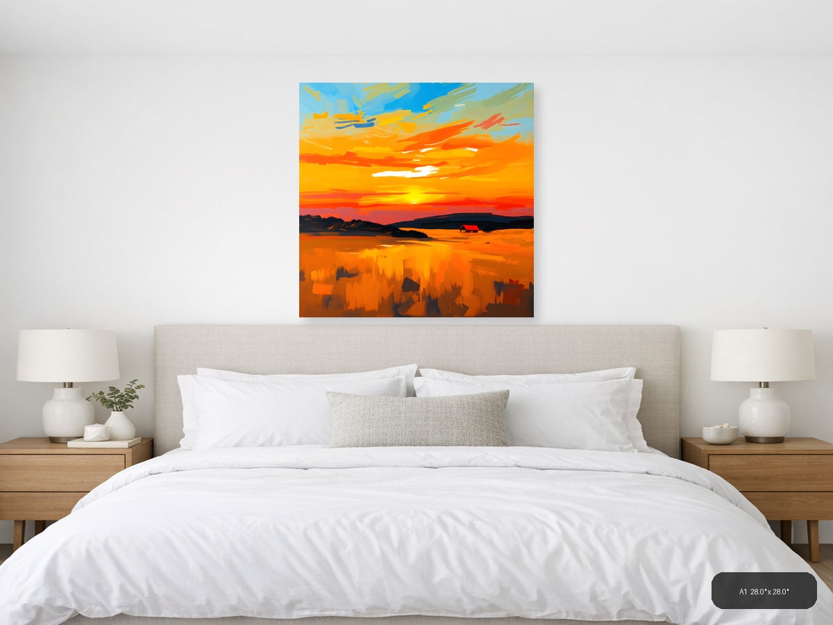 Abstract Sunset Landscape with Red Barn Wall Art — A1 / Bedroom