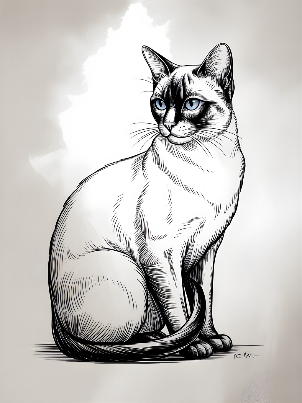 Sitting Cat with Blue Eyes Line Art Wall Art