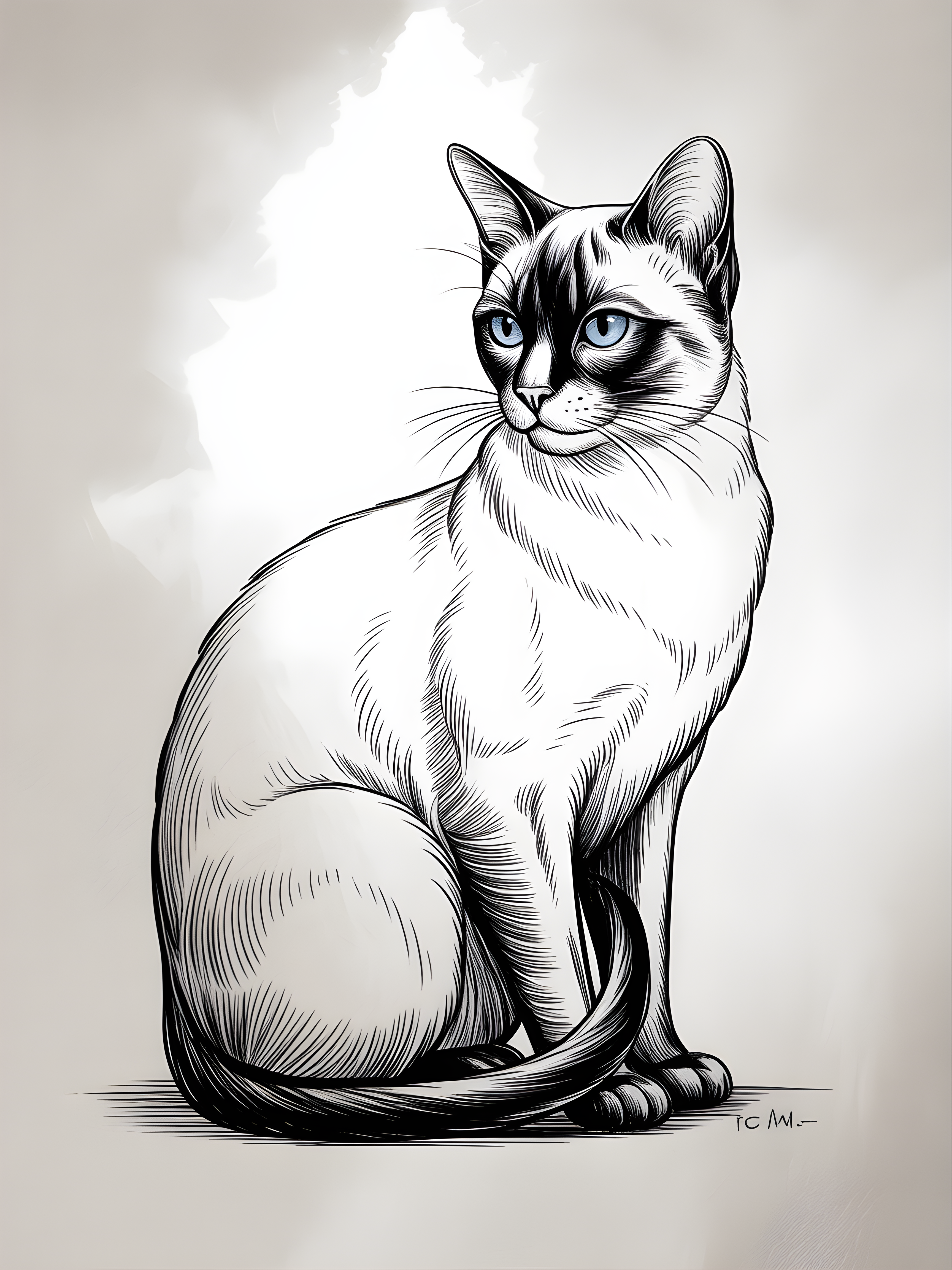 Sitting Cat with Blue Eyes Line Art Wall Art